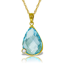 14K Solid Gold Necklace with Briolette Checkerboard Cut Blue Topaz & Diamond
