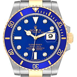 Rolex Submariner Steel Yellow Gold Blue Diamond Dial Mens Watch