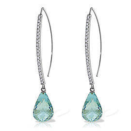 14K Solid White Gold Diamonds Fish Hook Earrings with Dangling Briolette Blue Topaz