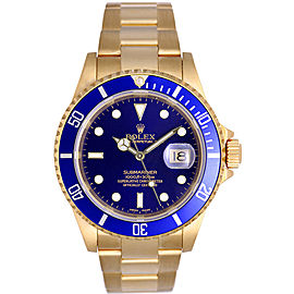 Rolex Submariner 16618 18K Yellow Gold Blue Dial 40mm Mens Watch