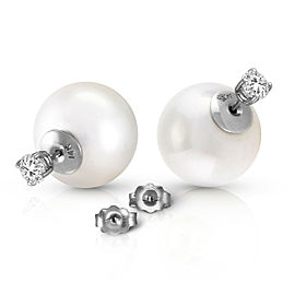 14K Solid White Gold Stud 0.80 CTW Natural Diamonds Earrings with White Shell Cultured Pearls