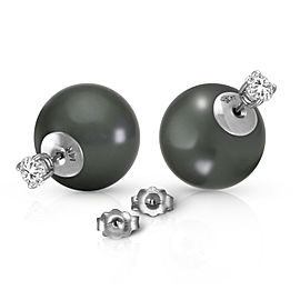 14K Solid White Gold Stud 0.80 CTW Natural Diamonds Earrings with Black Shell Cultured Pearls