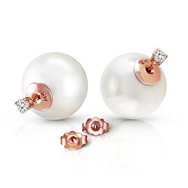 14K Solid Rose Gold Stud 0.40 CTW Natural Diamonds Earrings with White Shell Cultured Pearls