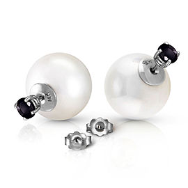 14K Solid White Gold Stud 1.0 CTW Natural Black Diamonds & White Shell Cultured Pearl Earrings