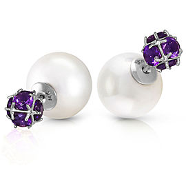 14K Solid White Gold Tribal Double Shell Cultured Pearls And Amethysts Stud Earrings