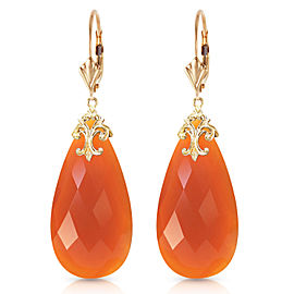 14K Solid Gold Leverback Earrings with Briolette 31x16 mm Reddish Orange Chalcedony