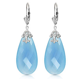 14K Solid White Gold Leverback Earrings with Briolette 31x16 mm Aqua Blue Chalcedony