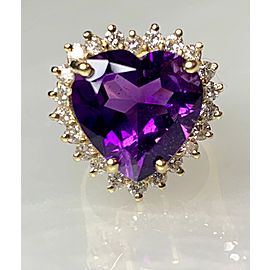 14K Yellow Gold Heart Shaped Amethyst Cocktail Diamond Ring