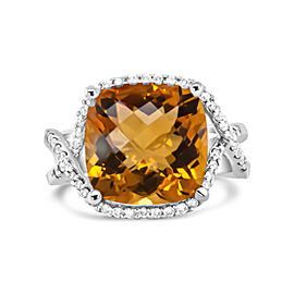 14K White Gold 12mm Cushion Cut Yellow Citrine Gemstone and 1/3 Cttw Round Pave-Set Diamond Ring - (H-I Color, VS1-VS2 Clarity)- Size 6.5