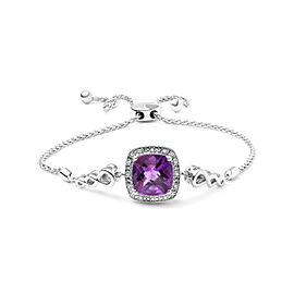 .925 Sterling Silver 10mm Cushion Cut Amethyst Gemstone and Diamond Accent Lariat 4”-10” Adjustable Bolo Bracelet (H-I Color, SI1-SI2 Clarity)