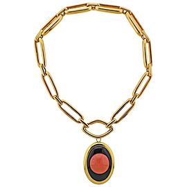 David Webb Coral Onyx Pendant Brooch on Gold Link Necklace