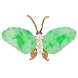 Carved Jade Pearl Ruby Gold Butterfly Brooch