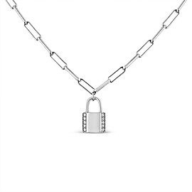 .925 Sterling Silver 1/10 Cttw Round Diamond Lock Pendant 18" Paperclip Chin Necklace (H-I Color, SI1-SI2 Clarity)