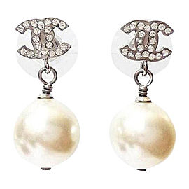 Chanel Silver Tone Metal CC Crystal Simulated Glass Pearl Dangle Piercing Earrings