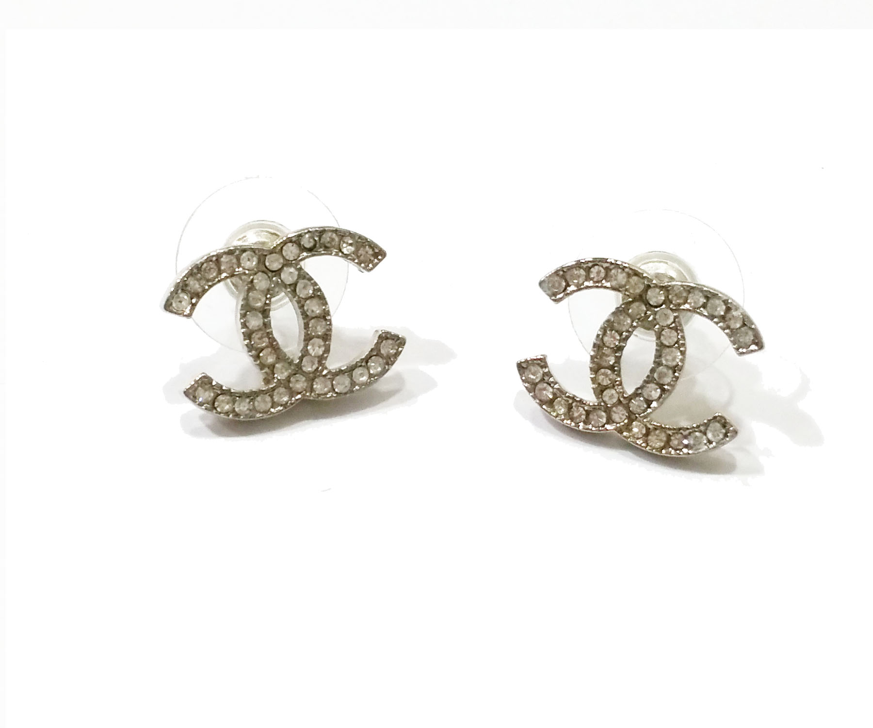 Chanel Silver Tone and Rhinestone CC Moscova Classic Piercing Earrings, Chanel