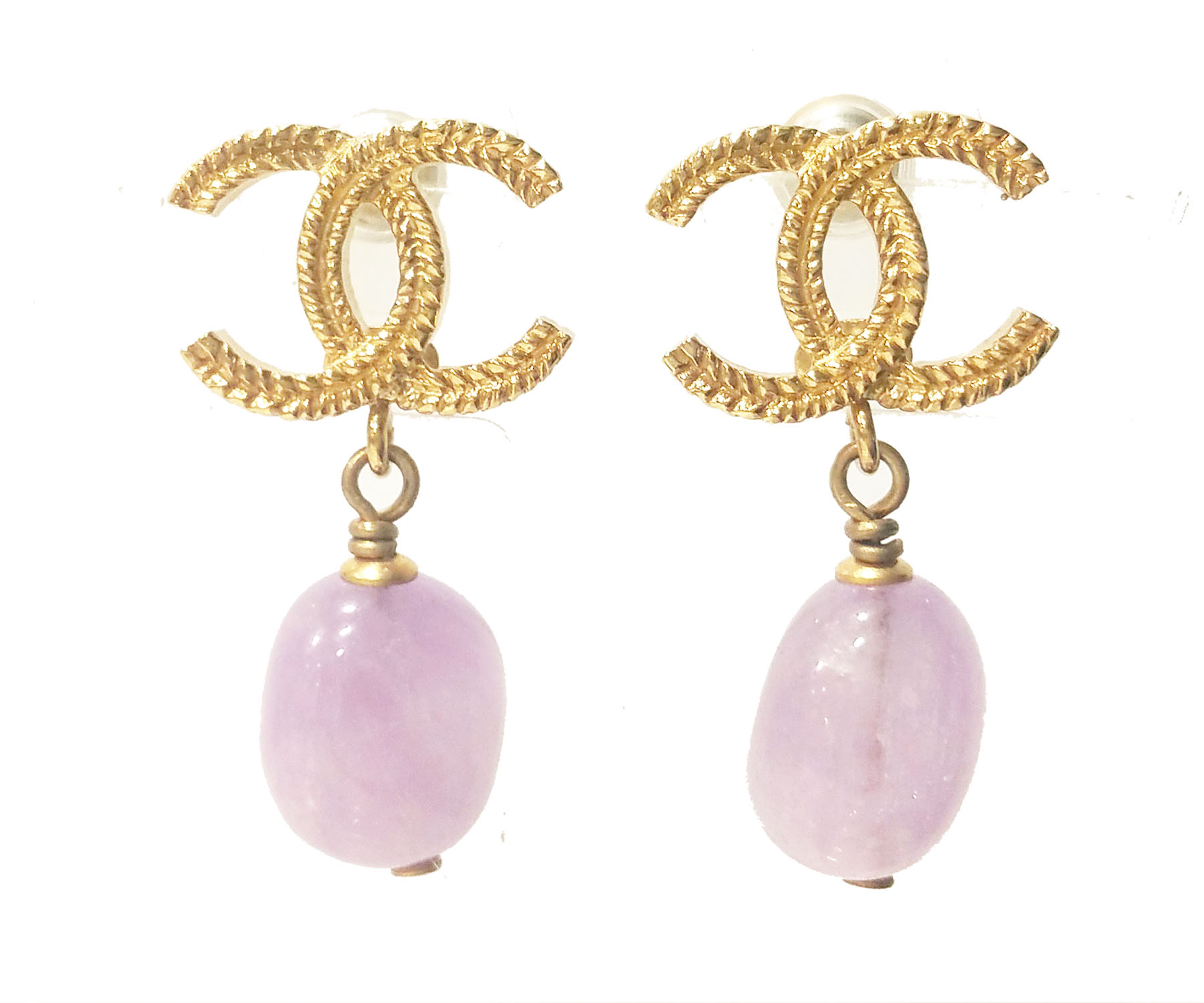 Chanel CC Gold Tone & Lavender Stone Dangle Piercing Earrings, Chanel