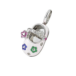 18 Karat White Gold and White Enamel Shoe with Ruby, Sapphire and Emerald Flower