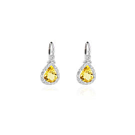 5.63 Carat Pear Shape Yellow Sapphire & Diamond Dangle Earring In 18K White Gold