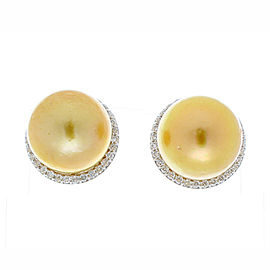14MM Round Cultured South Sea Golden Pearl & Diamond Earrings In 18K White Gold