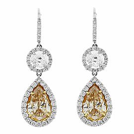 3.51 Carat Pear Shape Fancy Yellow Diamond Dangle Earrings in Platinum