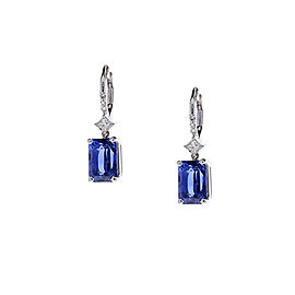 5.96 Carat Total Radiant Cut Blue Sapphire & Diamond Earrings In 14K White Gold