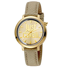 Just Cavalli Women's Logo Logomania Gold Dial Calfskin Leather Watch