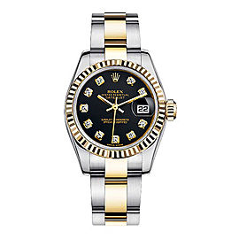 Rolex Women's New Style Two-Tone Datejust with Custom Black Diamond Dial and Bezel on Oyster Band