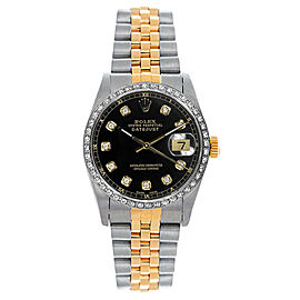 Rolex Women's Datejust Midsize Two Tone Custom Diamond Bezel Black Diamond Dial