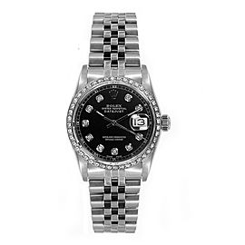 Rolex Women's Datejust Midsize Stainless Steel Custom Diamond Bezel Black Diamond Dial