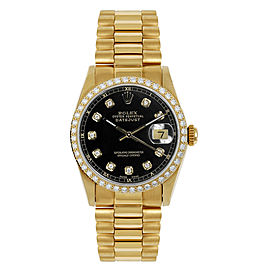 Rolex Women's President Midsize Custom Diamond Bezel Black Diamond Dial