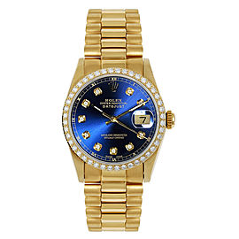 Rolex Women's President Midsize Custom Diamond Bezel Blue Diamond Dial