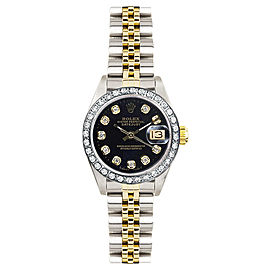 Rolex Women's Datejust Two Tone Custom Diamond Bezel & Black Diamond Dial