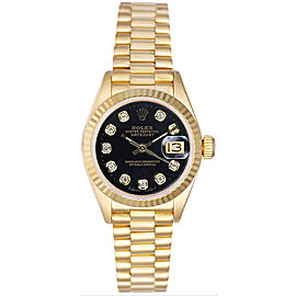 Rolex Women's President Yellow Gold Fluted Custom Black Diamond Dial