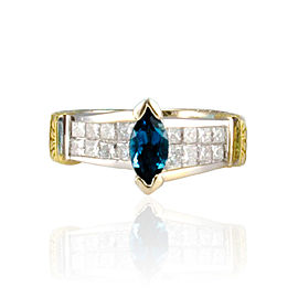 0.60 Carat London Blue Topaz and Invisible Set Princess Cut Diam Cocktail Ring