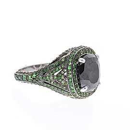 GIA Certified 6.13 Carat Cushion Cut Black Diamond and Emerald Cocktail Ring