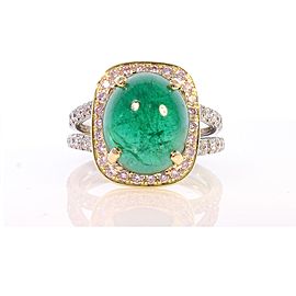 5.90 Carat Cabochon Emerald and Diamond Two-Tone Cocktail Ring in 18 Karat Gold
