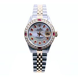 Rolex Datejust 18K/Stainless Steel Mother of Pearl Ruby Dial & Diamond - Ruby Bezel Automatic 26mm Womens Watch