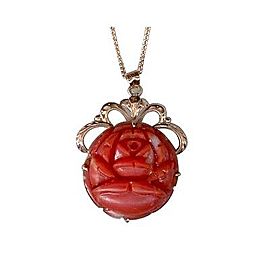 Vintage 14K Rose Gold Carved Deep Red Coral Flower Pendant Chain Necklace