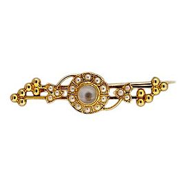 Estate 1870s Cat's Eye Moonstone Center Natural Seed Pearl 14k Yellow Gold Pin