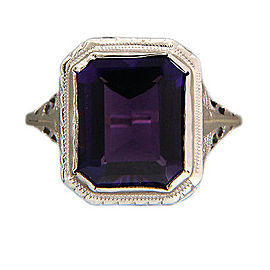 Vintage Art Deco 14K White Gold & 5.60ct Bright Purple Amethyst Filigree Ring Size 5