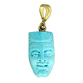 18K Yellow Gold Smiling Lady Turquoise Bale Carved Face Pendant