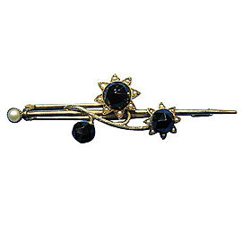 Estate 1900'S 14k Yellow Gold Faceted Black Onyx & Natural Seed Pearl Flower Pin