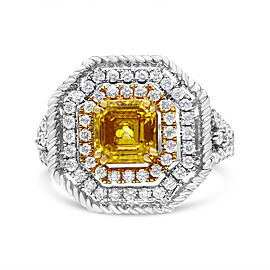 18K White and Yellow Gold 2 1/5 Cttw Lab Grown Yellow Asscher Diamond Double Halo Art Deco Cocktail Ring (Yellow/G-H Color, VS1-VS2 Clarity) - Size 6.5