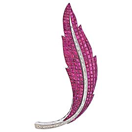 35.89 Carat Invisible Set Ruby Diamond Gold Feather Brooch Pin