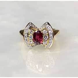 18K Yellow Gold Oval Cut Ruby Diamond Bowtie Ring