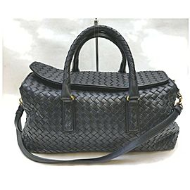 Bottega Veneta Black Intrecciato Leather Woven Boston Duffle Bag with Strap 862675