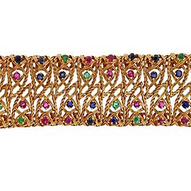 1960s Gold Ruby Sapphire Emerald Wide Bracelet