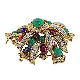 David Webb Diamond Emerald Ruby Sapphire Gold Platinum Brooch