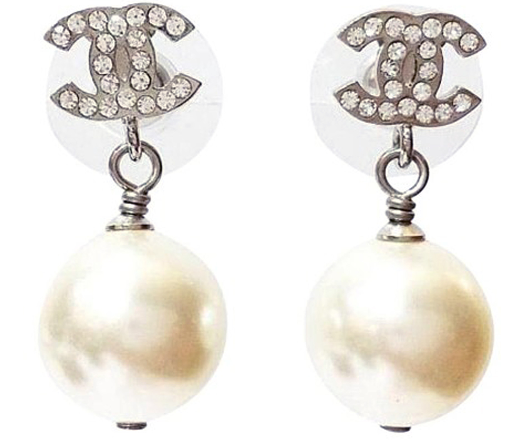 Chanel CC Rhinestone Simulated Glass Pearl Dangle Piercing Earrings, Chanel