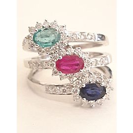 18k White Gold Emerald Sapphire and Ruby Ribbed Ring